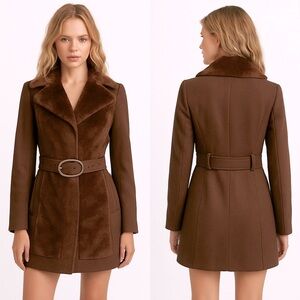 BLANC NOIR Sample Faux Fur Blocked Wool Car Coat Jacket Belted Midi Brown Small
